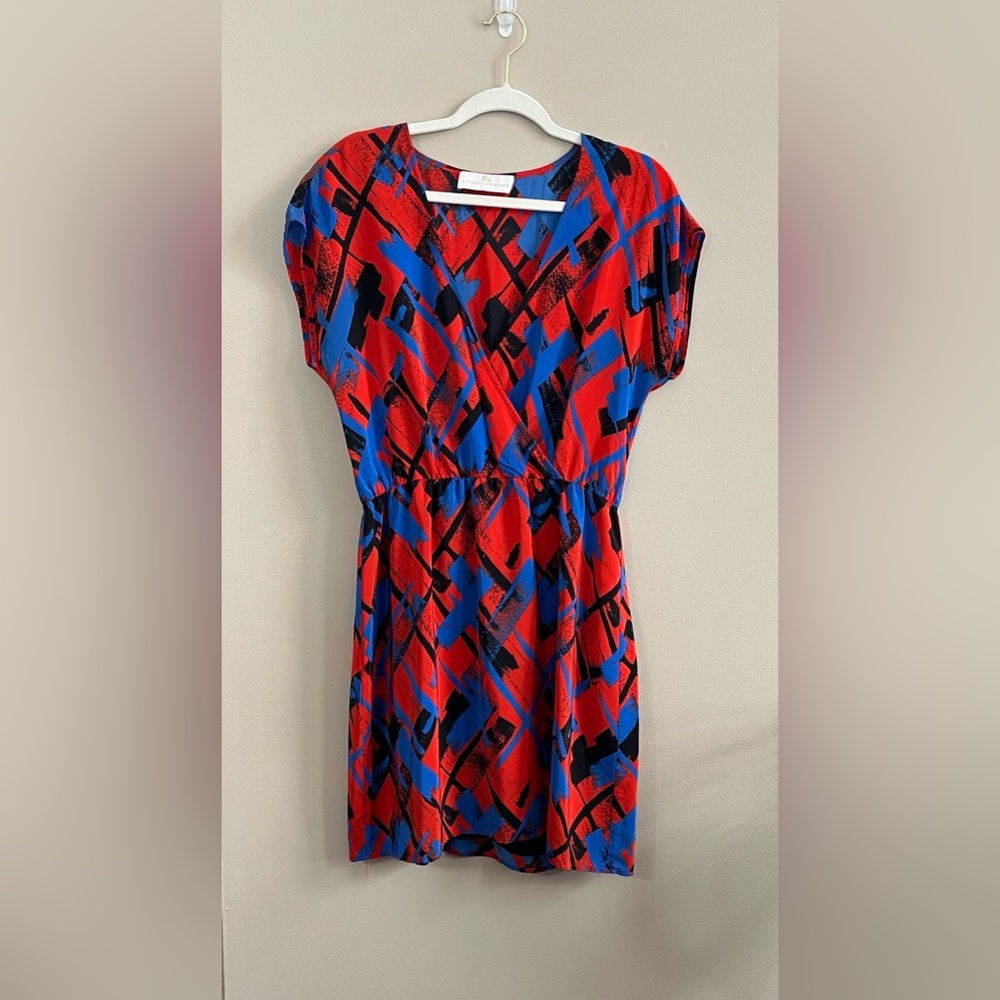 Amanda Uprichard red and blue silk wrap mini dress size large